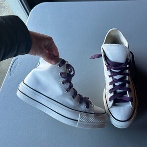 Converse White High-Tops with Purple Laces